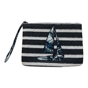 Vera Bradley Shore Enough Straw Beach Wristlet Navy Blue White Sailboat Clutch